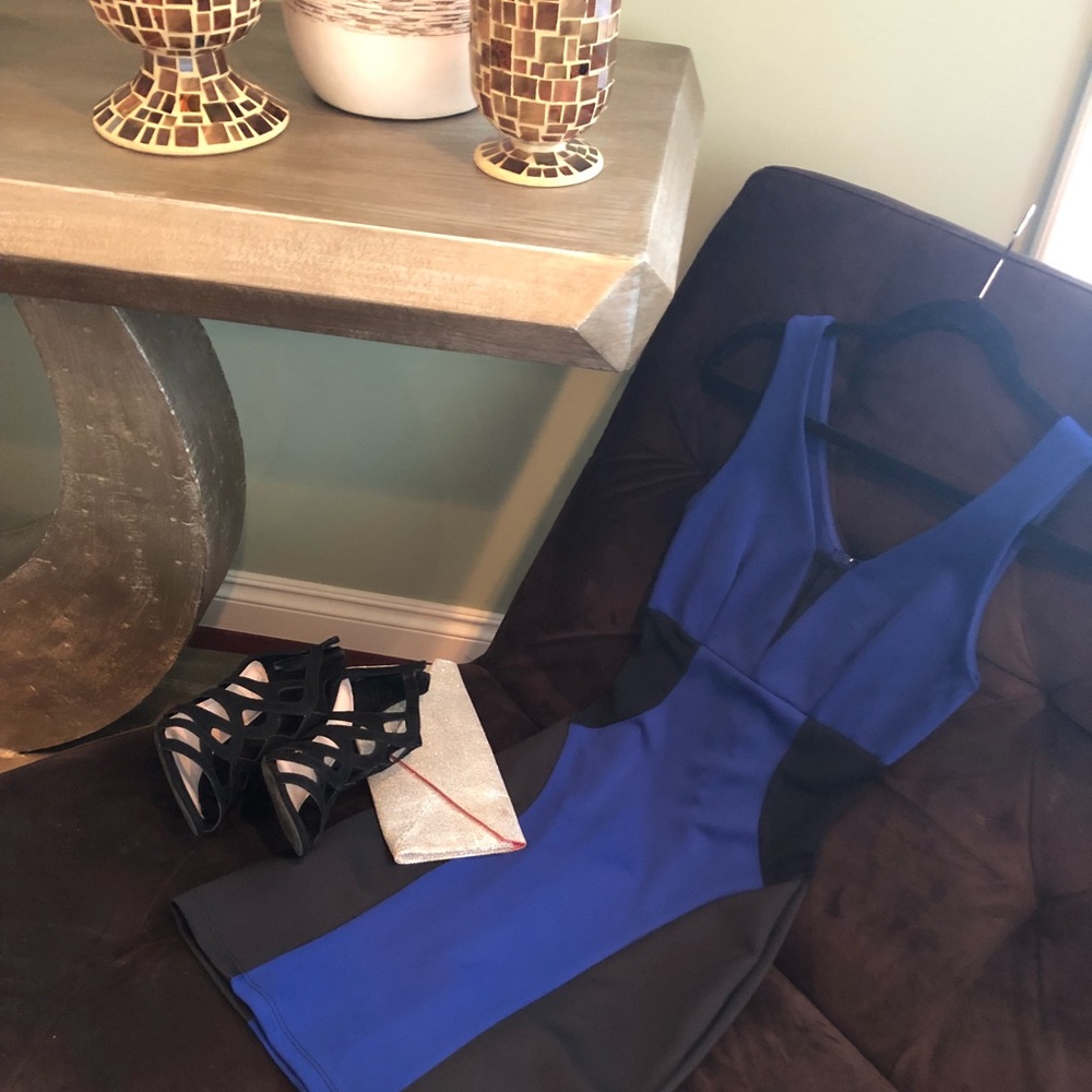 Royal blue color block and mesh dress